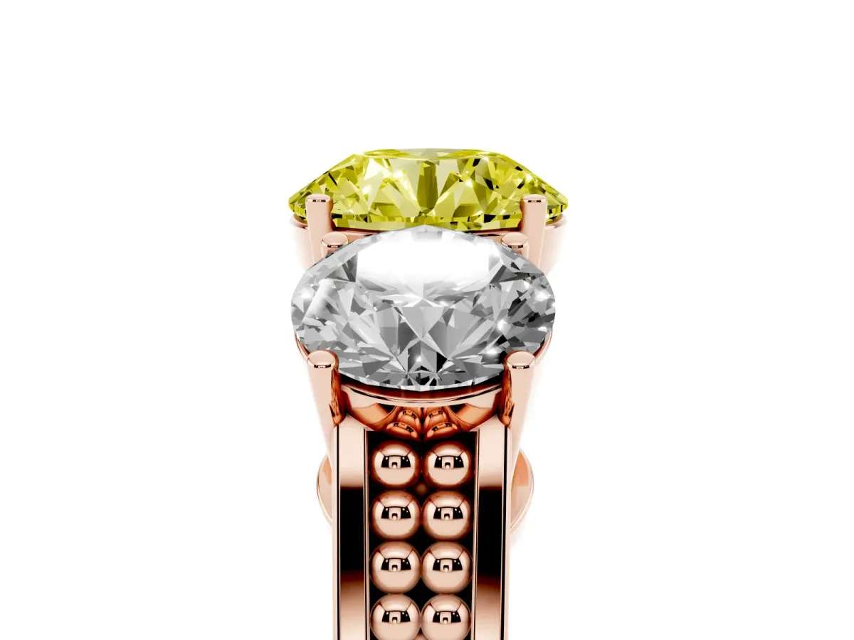 Fancy Yellow Round Cut Diamond Three-Stone Ring with Prong Setting and Textured Band Rose gold