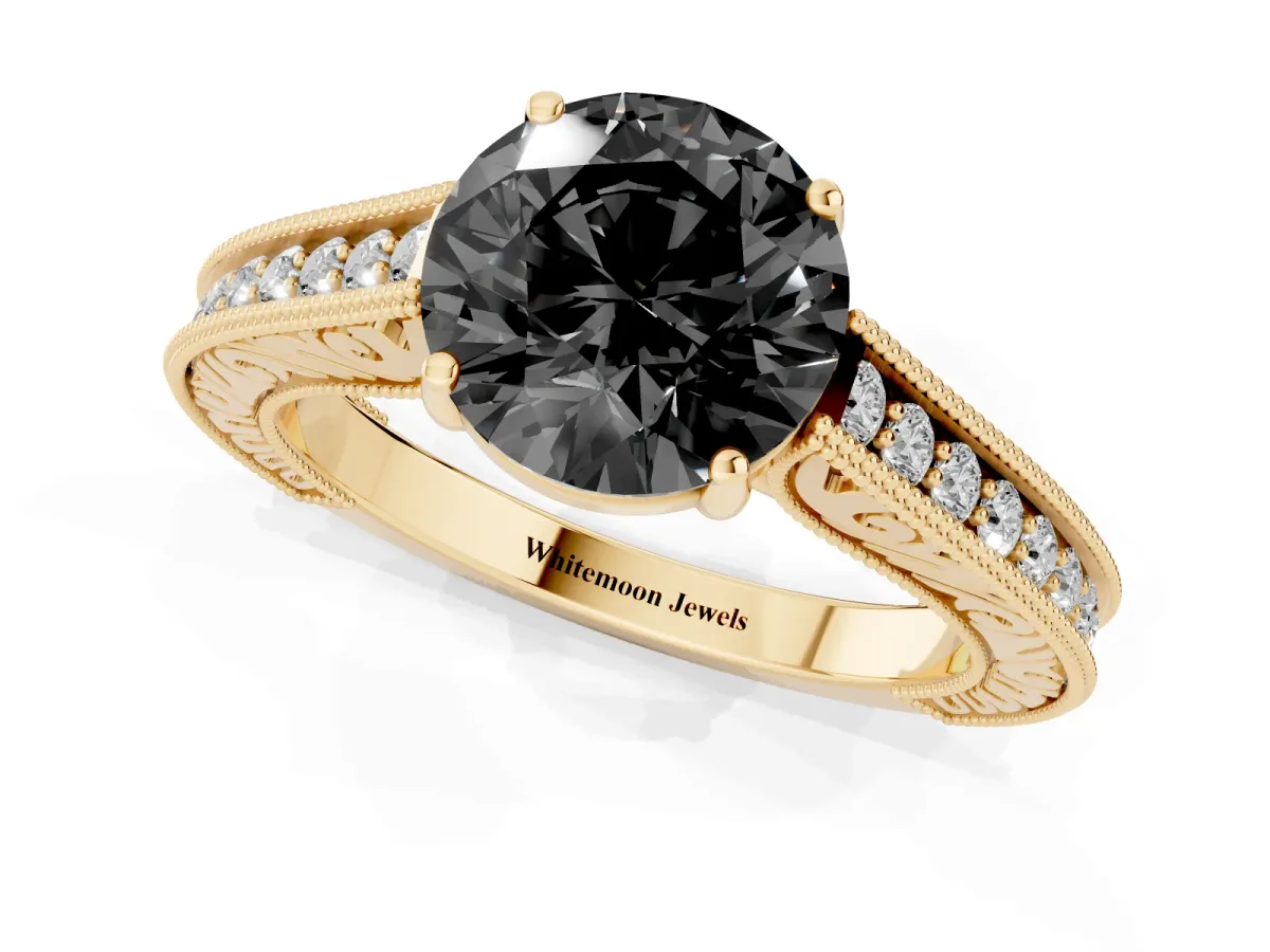 Fancy Black Round Cut Cut Pave Band Milgrain Solitaire Ring Yellow gold