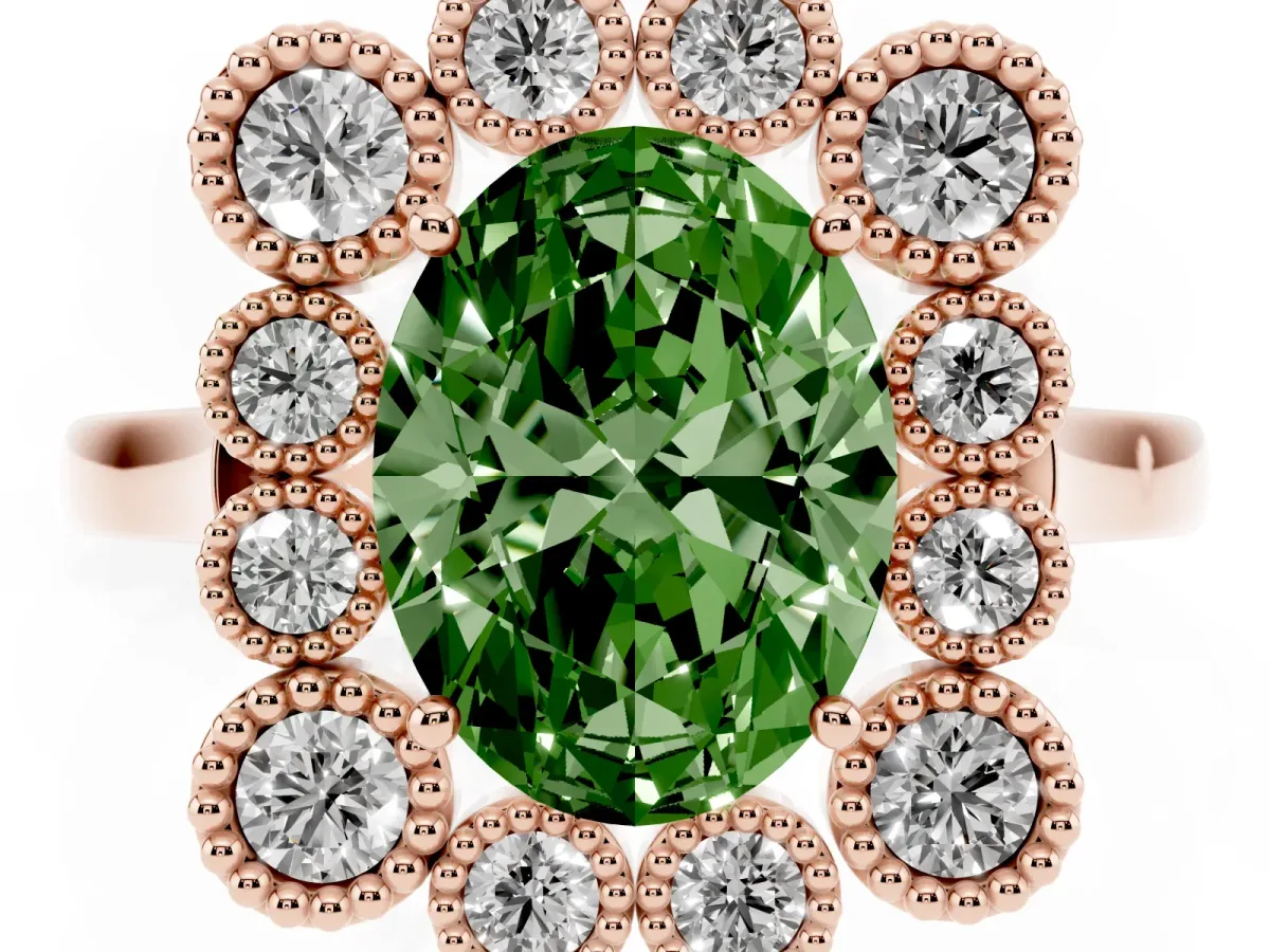 Fancy Green Oval Cut Halo Diamond Cluster Engagement Ring with Milgrain Bezel Setting and Solitaire Band Rose gold