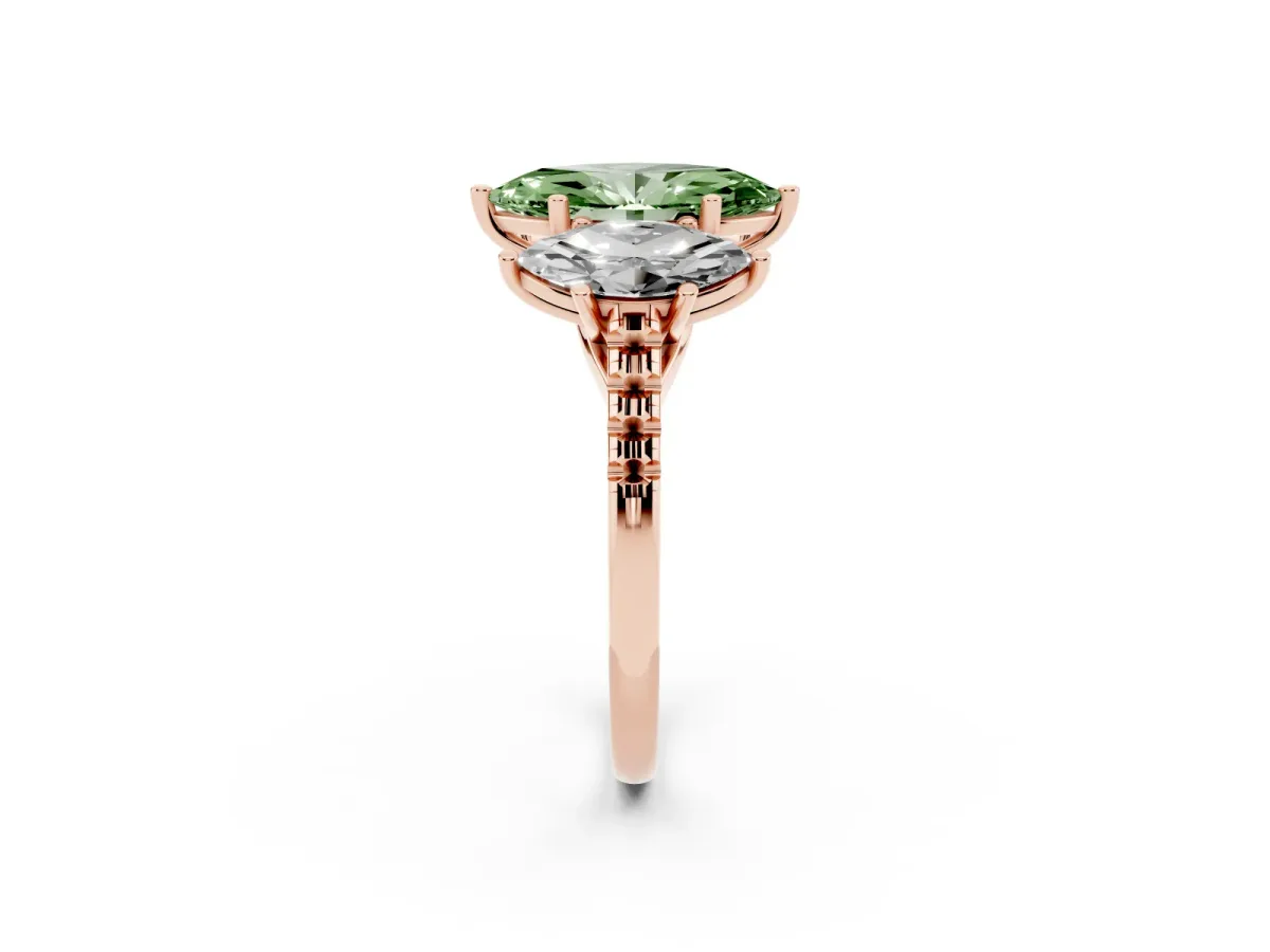 Fancy Green Three-Stone Marquise Cut Diamond Ring with Round Pavé Band and Prong Setting Rose gold