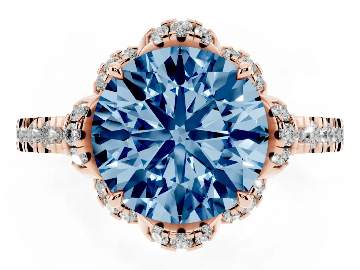 Fancy Blue Round Cut Halo Diamond Pave Band Ring with Four-Prong Setting Rose gold
