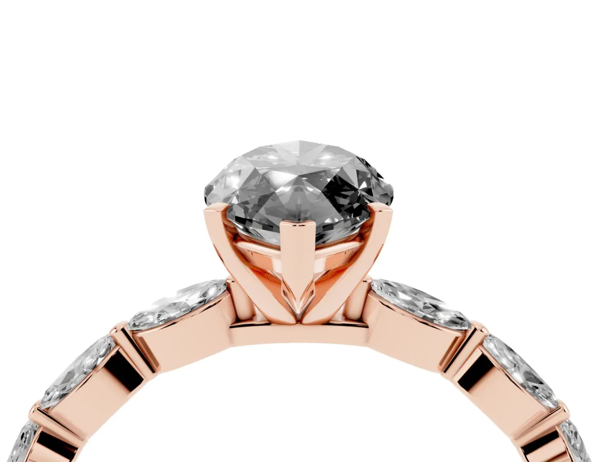 Fancy Black Marquise Cut Diamond Ring with Marquise Side Stones and Prong Setting Rose gold