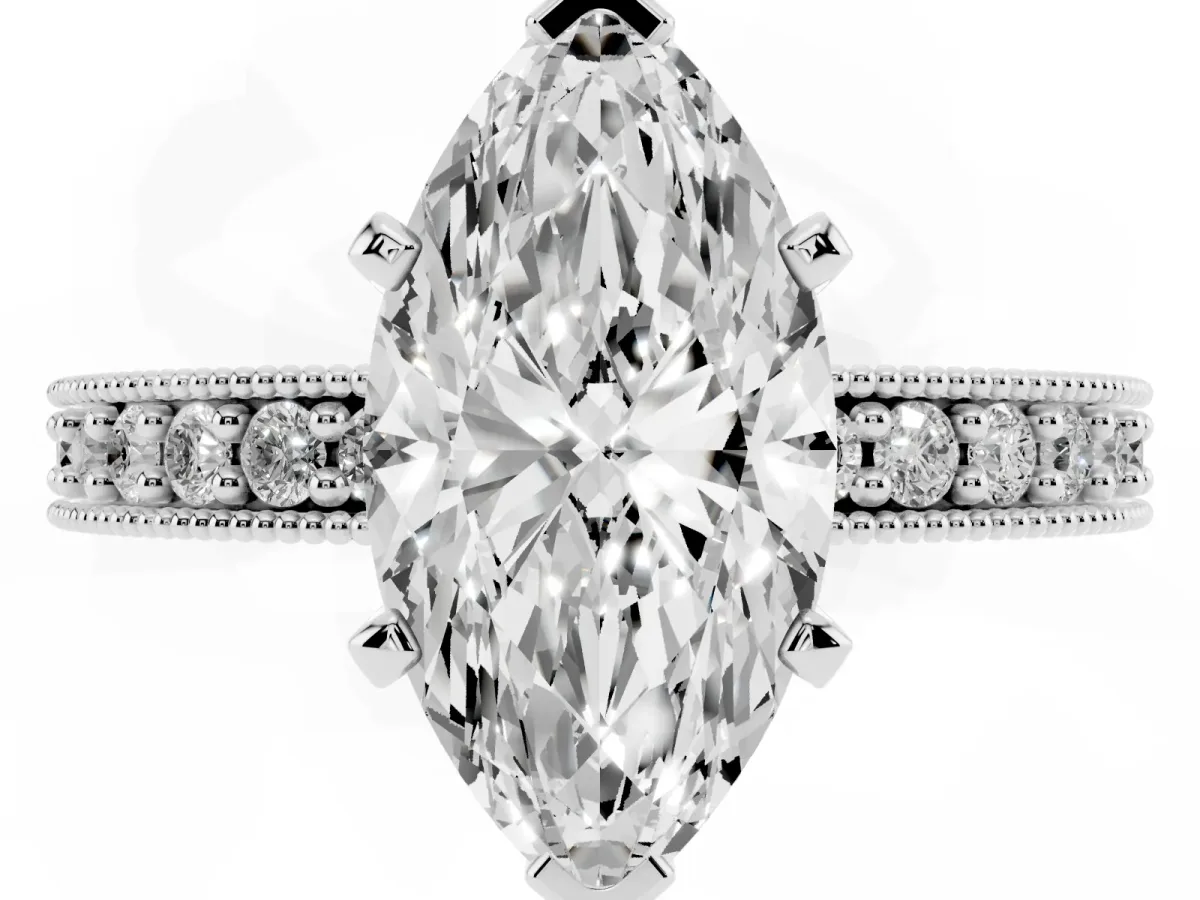 Marquise Cut Diamond Milgrain Pavé Engagement Ring with Four-Prong Setting Silver