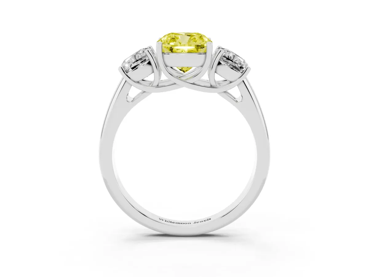Fancy Yellow Three-Stone Cushion Cut Diamond Engagement Ring with Prong Setting Silver