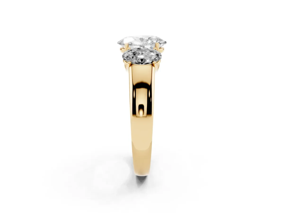 Three-Stone Oval Cut Cut Diamond Ring with Prong Setting and Classic Band Yellow gold