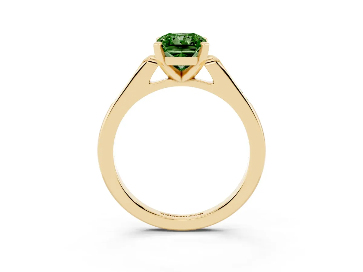 Fancy Green Radiant Cut Diamond Solitaire Ring with Channel Set Round Band and Prong Setting Yellow gold