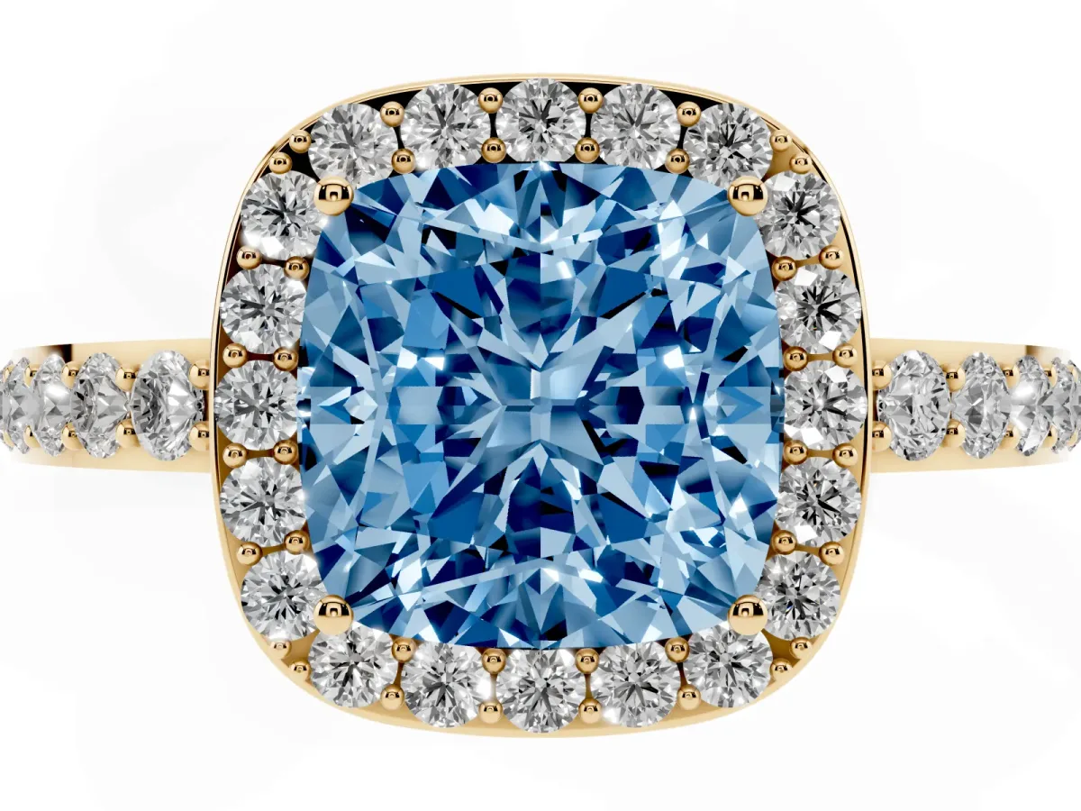 Fancy Blue Cushion Cut Halo Diamond Pavé Band Ring with Prong Setting Yellow gold