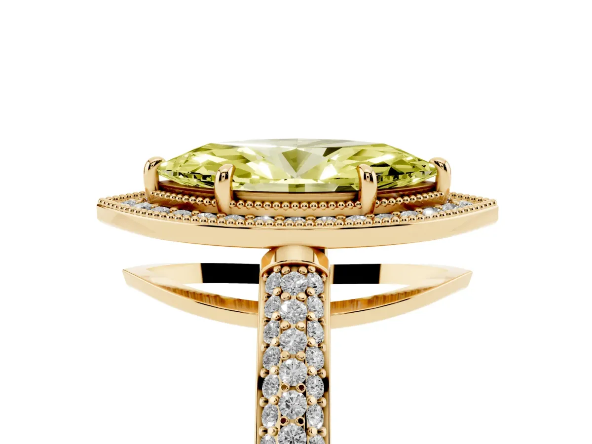 Fancy Yellow Marquise Cut Cut Halo Diamond Pave Band with Four-Prong Setting Yellow gold