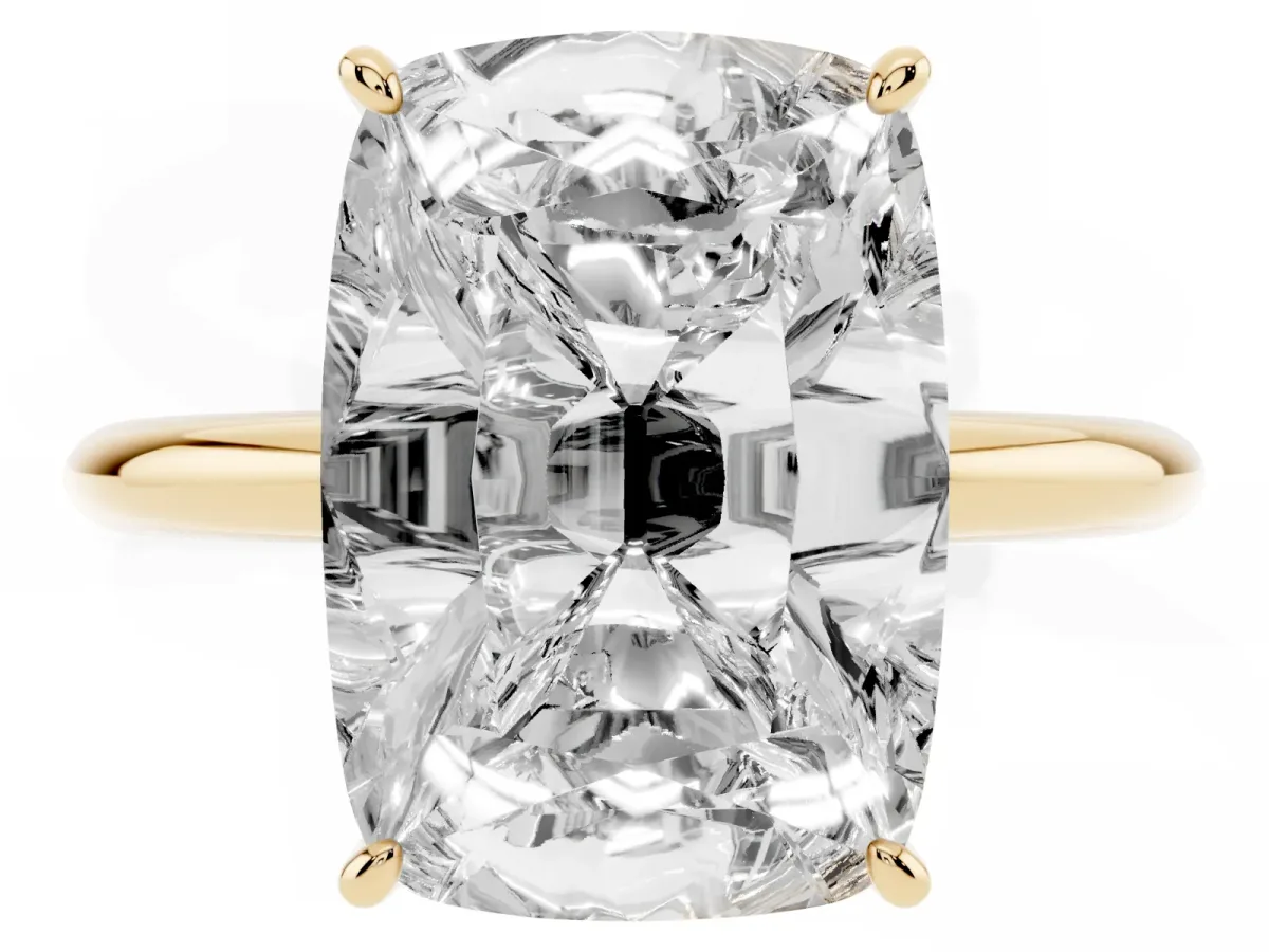 Old Mine Elongated Cushion Diamond Classic Band Four Prong Solitaire Ring Yellow gold