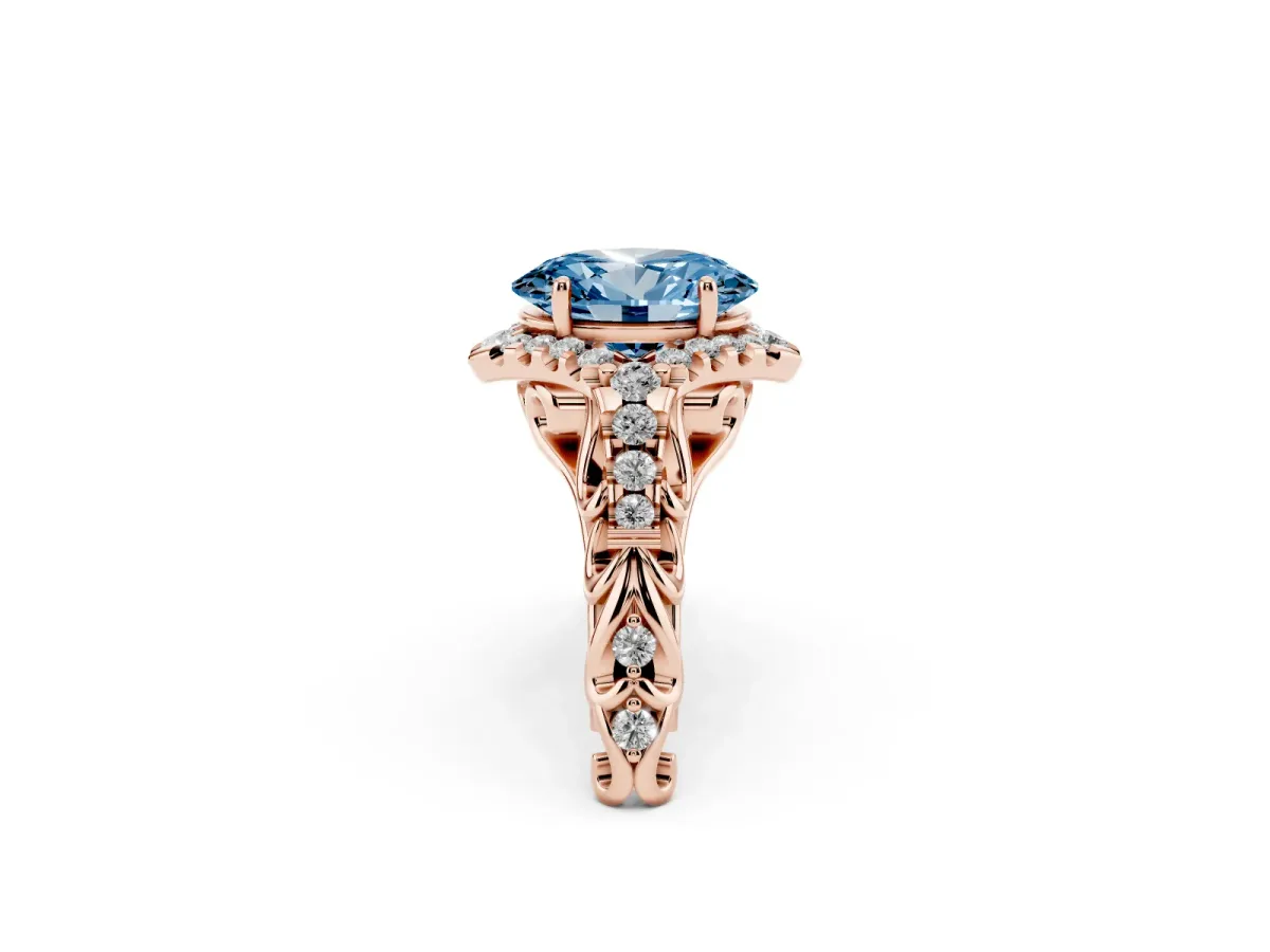 Fancy Blue Oval Cut Diamond Solitaire Ring with Hidden Halo and Pavé Band Rose gold
