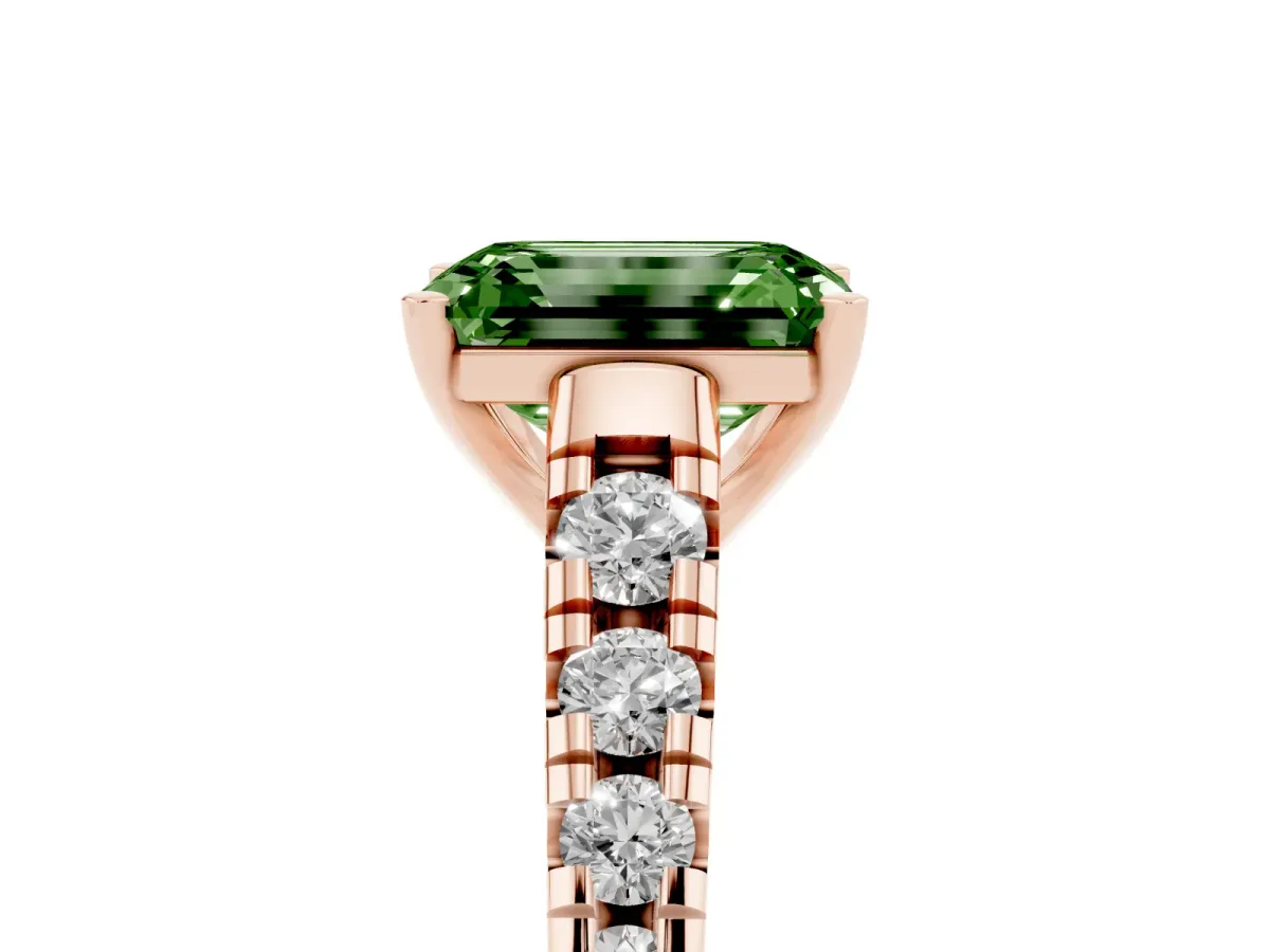 Fancy Green Emerald Cut Diamond Cathedral Solitaire Ring with Round Pavé Band Rose gold