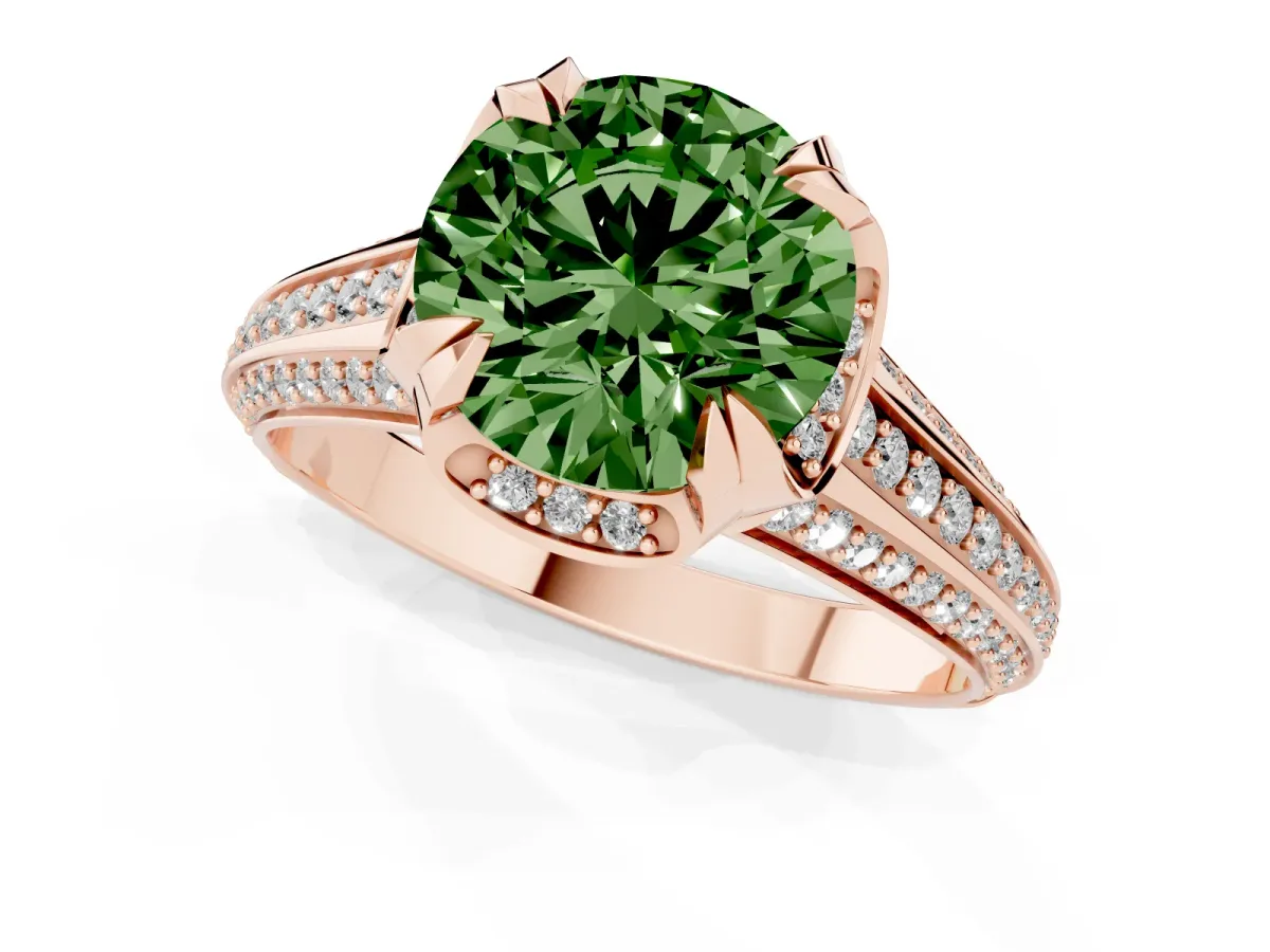 Fancy Green Round Cut Solitaire Pave Split Shank Ring with Four-Prong Setting Rose gold