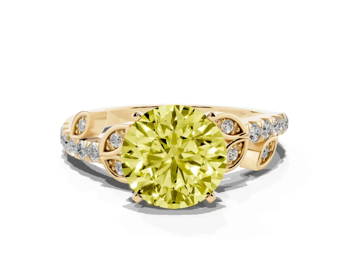 Fancy Yellow Round Cut Solitaire Leaf-Inspired Diamond Ring with Pavé Band and Four-Prong Setting Yellow gold