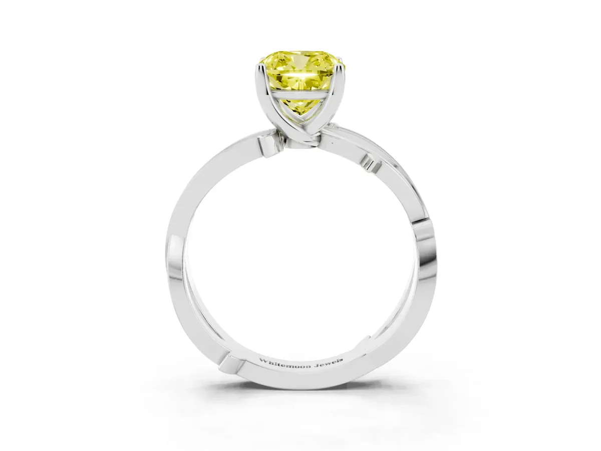 Fancy Yellow Cushion Cut Solitaire Twist Band with Pavé Accents and Four-Prong Setting Platinum