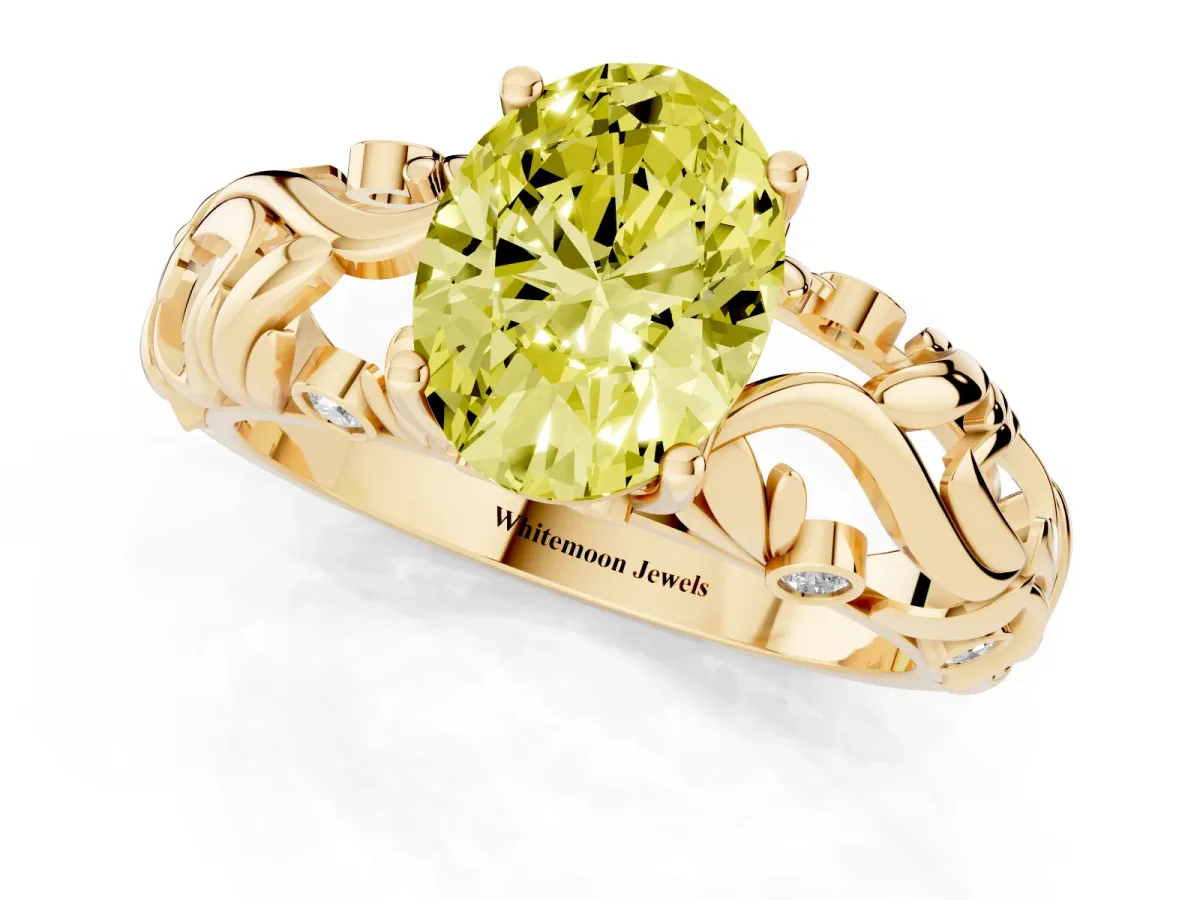 Fancy Yellow Oval Cut Solitaire Diamond Leaf-Inspired Vine Band Ring with Prong Setting Yellow gold