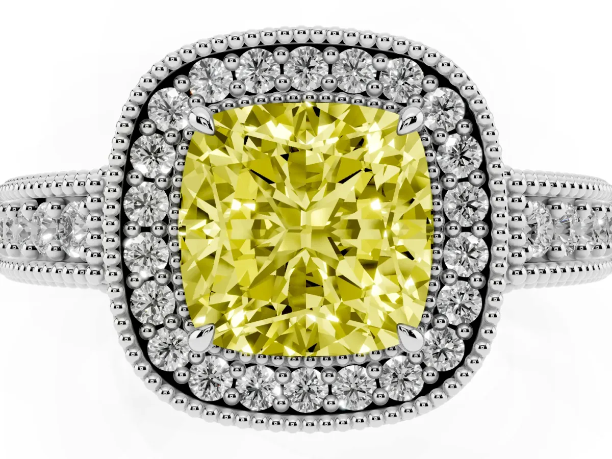 Fancy Yellow Cushion Cut Cut Halo Diamond Ring with Pavé Band and Four-Prong Setting White gold