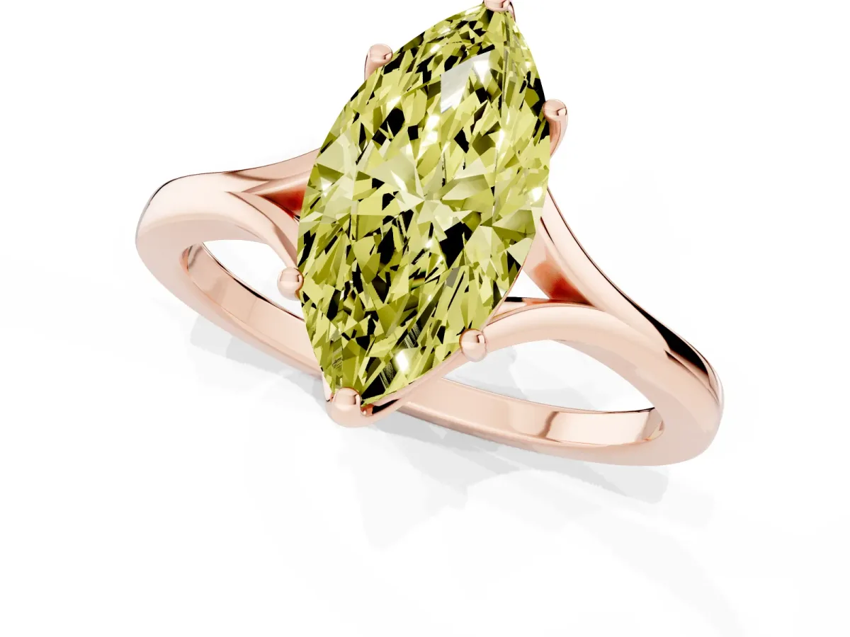 Fancy Yellow Marquise Cut Solitaire Diamond Ring with Six-Prong Setting and Tapered Band Rose gold