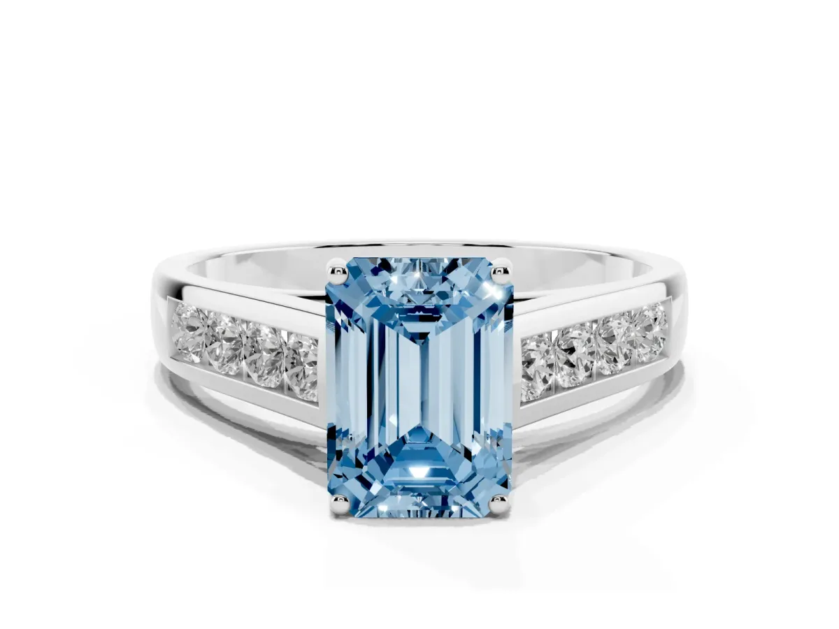 Fancy Blue Emerald Cut Brilliant Channel-Set Solitaire Ring with Four-Prong Setting Platinum