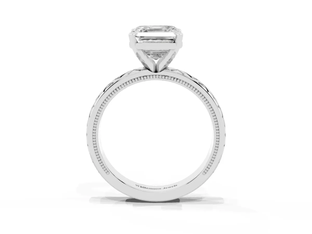 Asscher Cut Solitaire Diamond Ring with Milgrain and Black Enamel X Pattern Band Silver