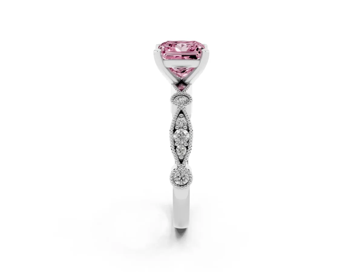 Fancy Pink Princess Cut Milgrain Bezel Diamond Engagement Ring with Solitaire Prong Setting Silver