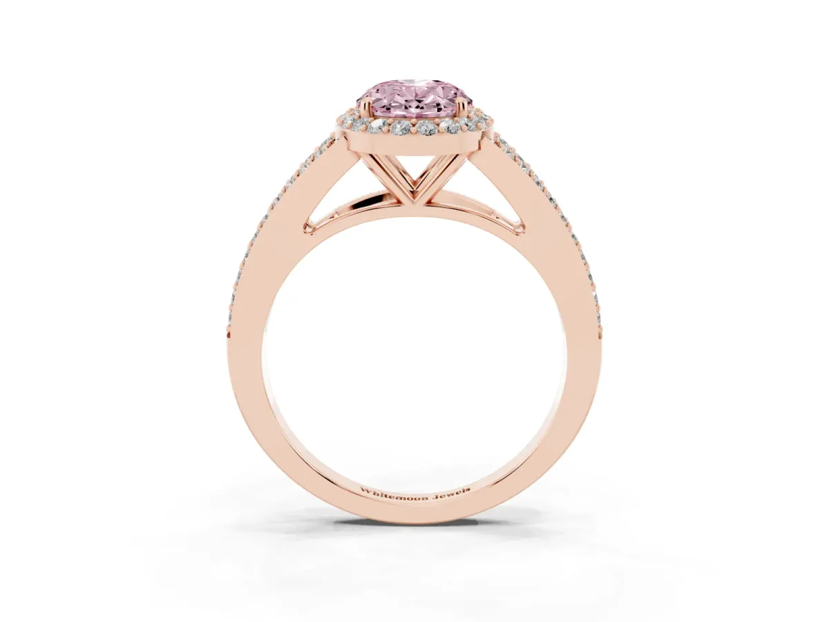 Fancy Pink Oval Cut Halo Split Shank Diamond Ring with Prong Setting Rose gold