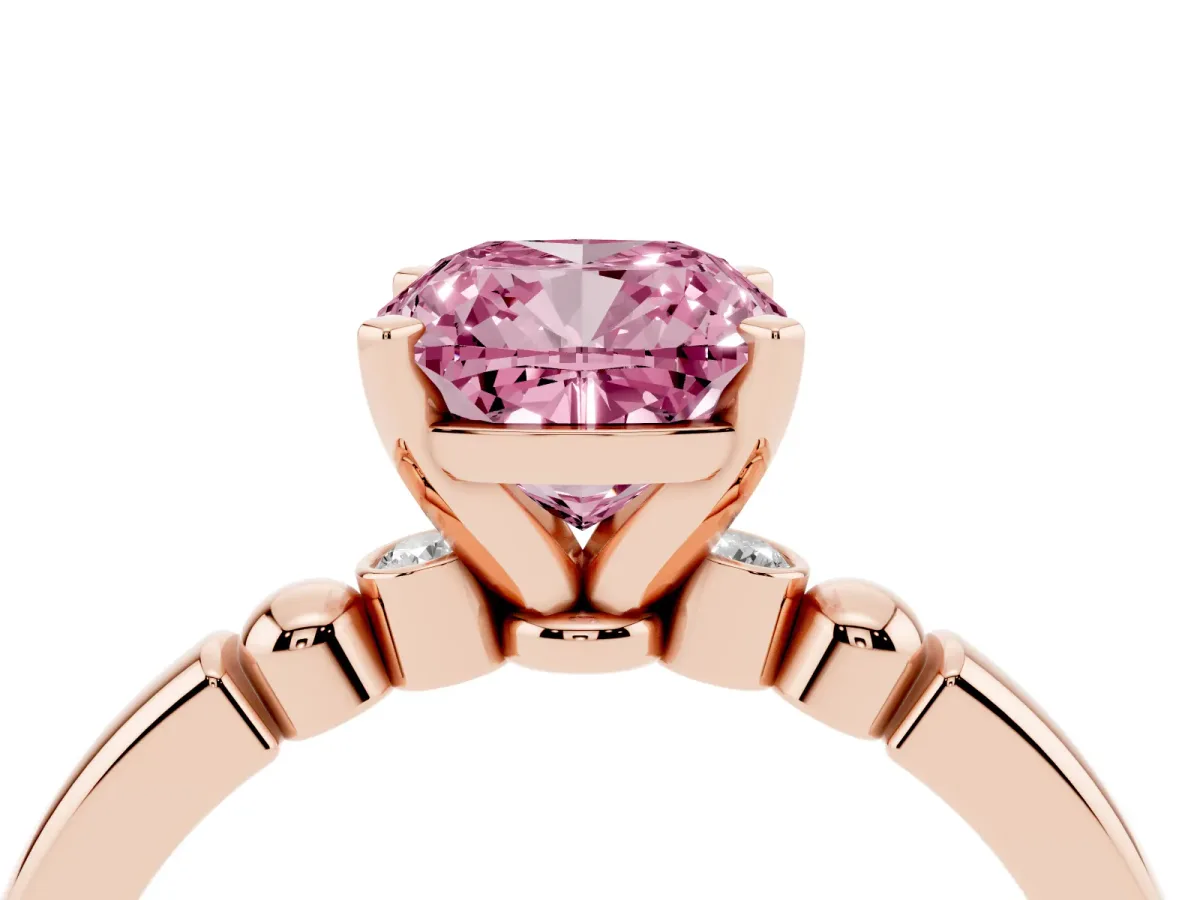 Fancy Pink Cushion Cut Solitaire Beaded Band with Four-Prong Setting Rose gold