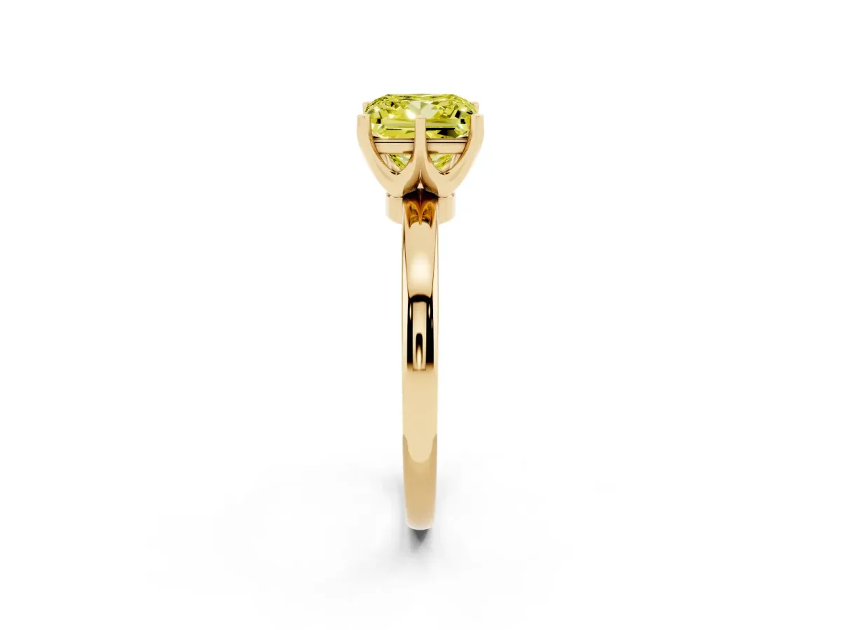 Fancy Yellow Princess Cut Solitaire Diamond Ring with Six-Prong Setting on a Classic Band Yellow gold
