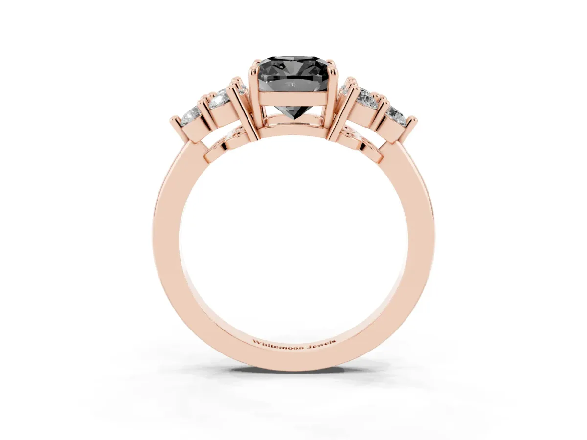 Fancy Black Cushion Cut Brilliant Diamond Cluster Accent Solitaire Ring with Prong Setting Rose gold