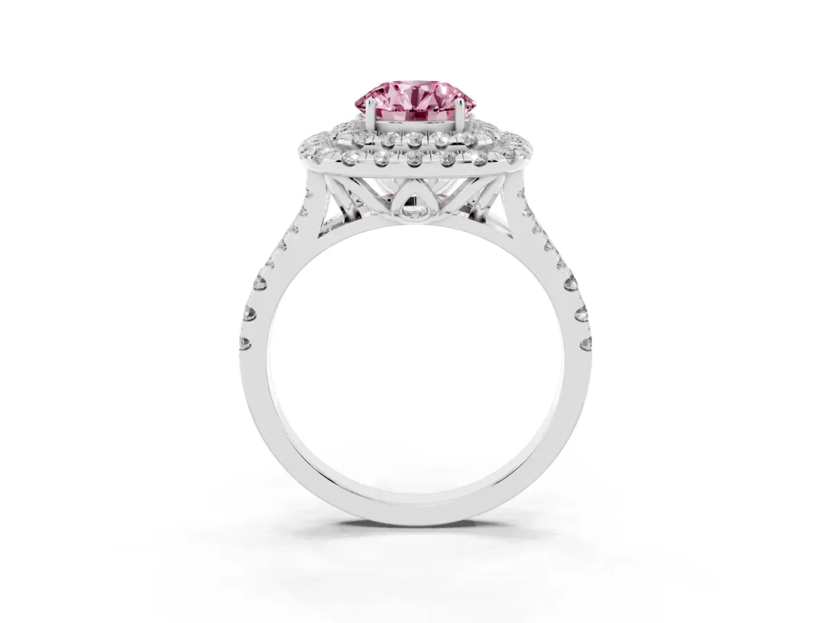 Fancy Pink Double Halo Round Cut Diamond Pavé Split Shank Ring with Prong Setting Platinum