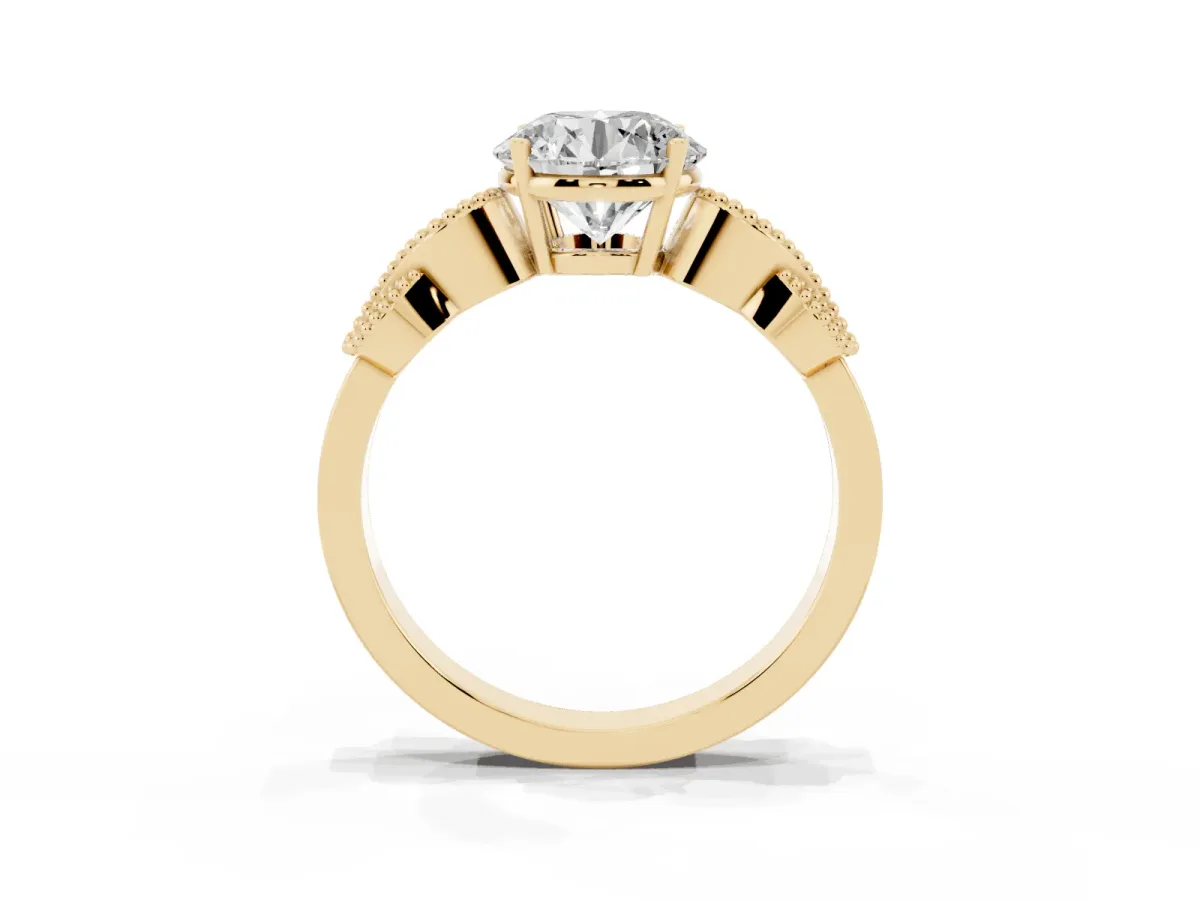 Round Cut Solitaire Milgrain Leaf Band with Prong Setting Yellow gold