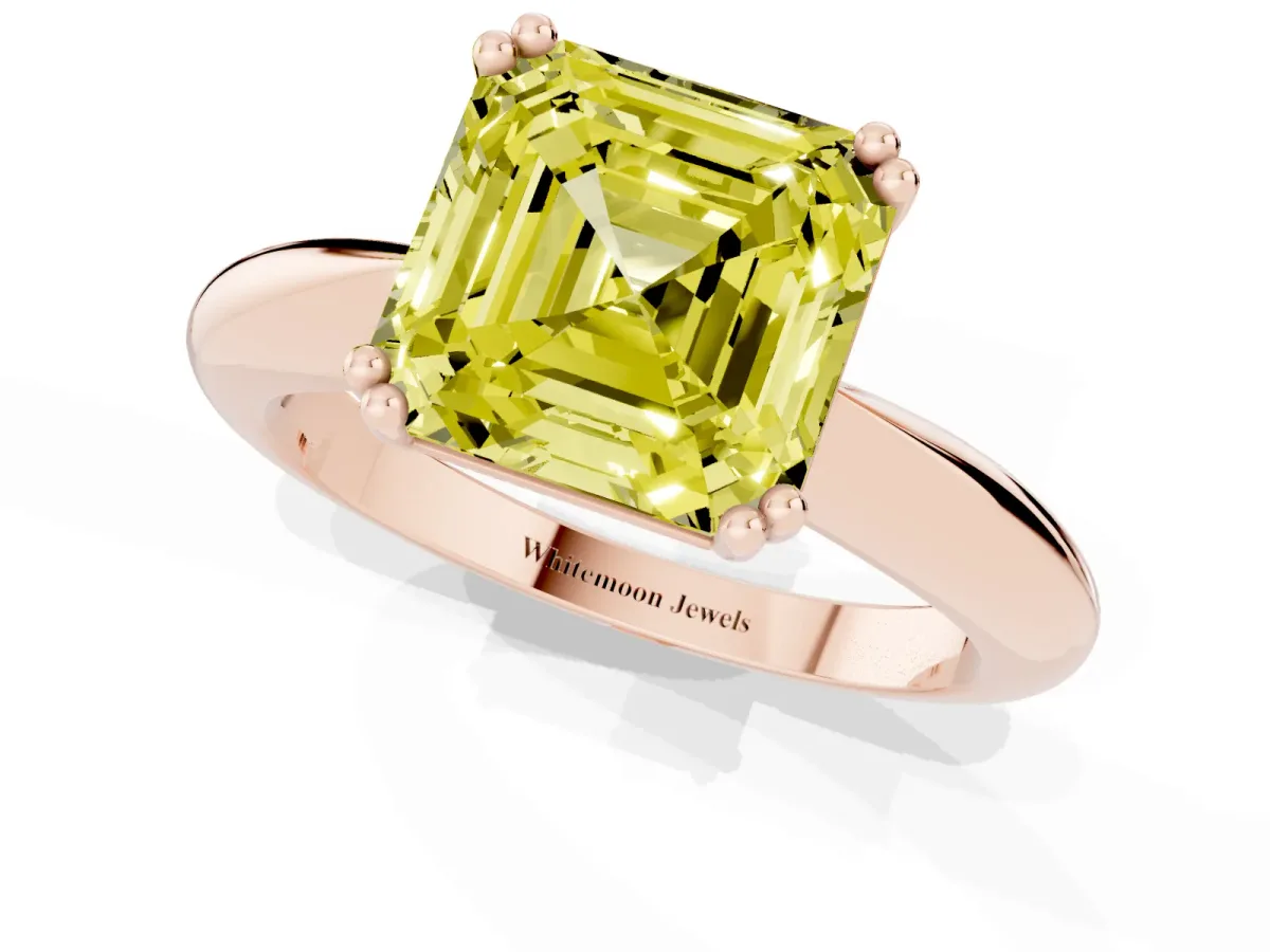 Fancy Yellow Asscher Cut Cut Solitaire Engagement Ring with Tapered Band and Four-Prong Setting Rose gold