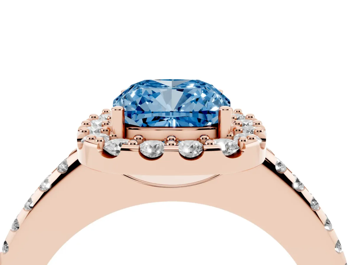 Fancy Blue Cushion Cut Diamond Pavé Halo Ring with Four-Prong Setting Rose gold