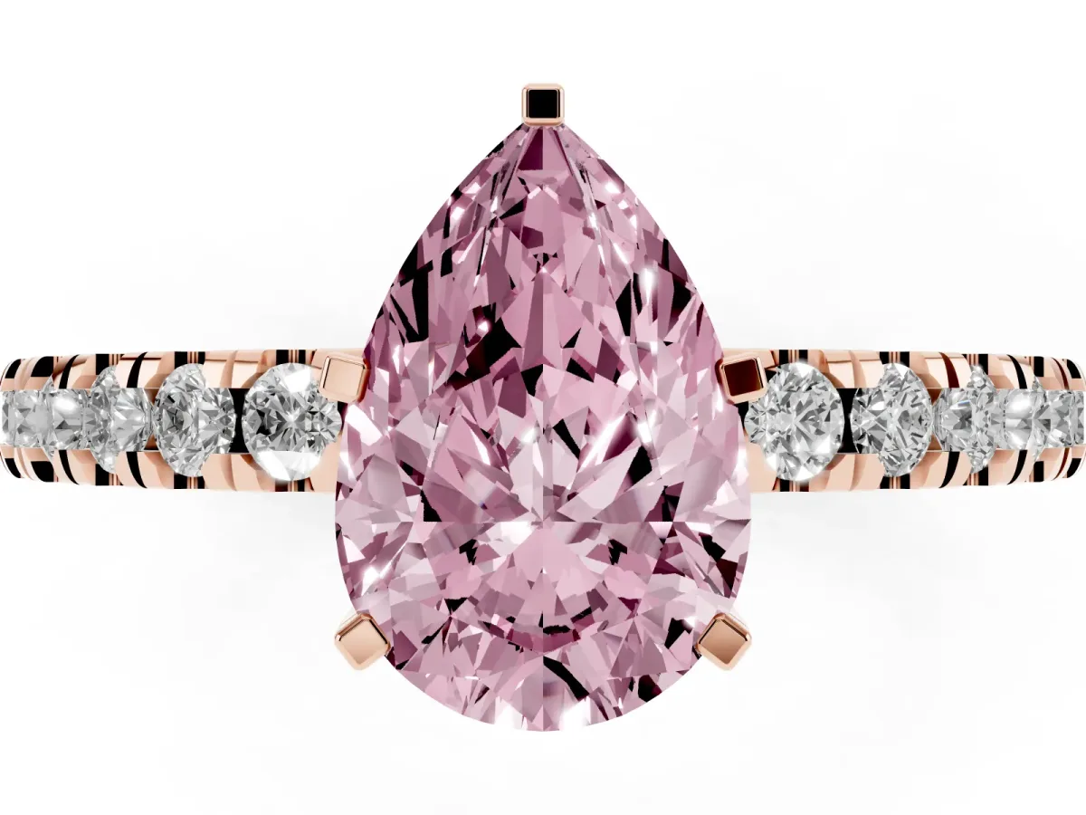Fancy Pink Pear Cut Solitaire Diamond with Pavé Band and Four-Prong Setting Rose gold