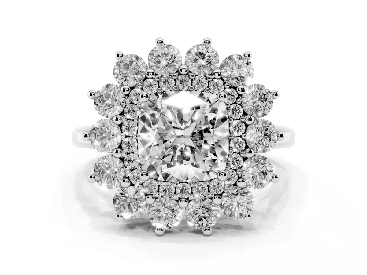 Cushion Cut Diamond Floral Double Halo Engagement Ring with Prong Setting Silver