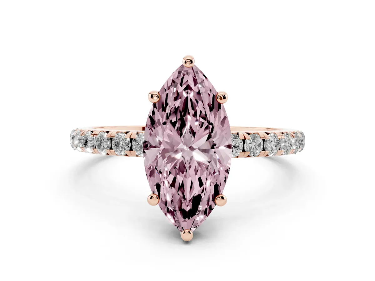 Fancy Pink Marquise Cut Cut Diamond Solitaire Ring with Micro Pave Band and Four Prong Setting Rose gold