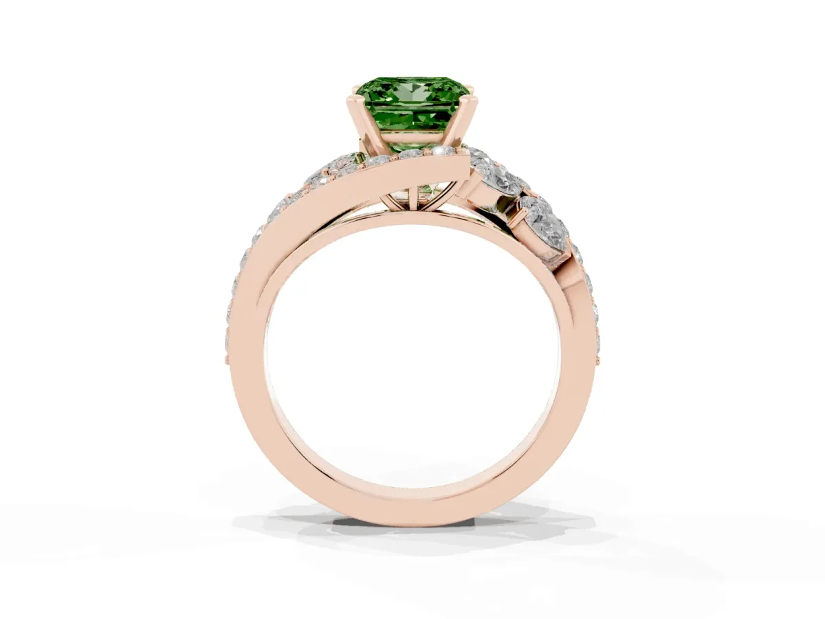 Fancy Green Princess Cut Diamond Halo Ring with Marquise and Pavé Band in Prong Setting Rose gold