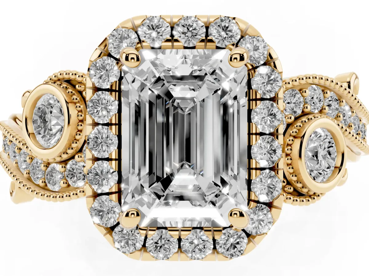 Emerald Cut Diamond Halo Ring with Milgrain Pavé Band and Four-Prong Setting Yellow gold