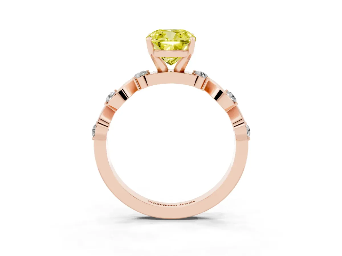 Fancy Yellow Cushion Cut Diamond Solitaire Twisted Band with Round Accents and Prong Setting Rose gold