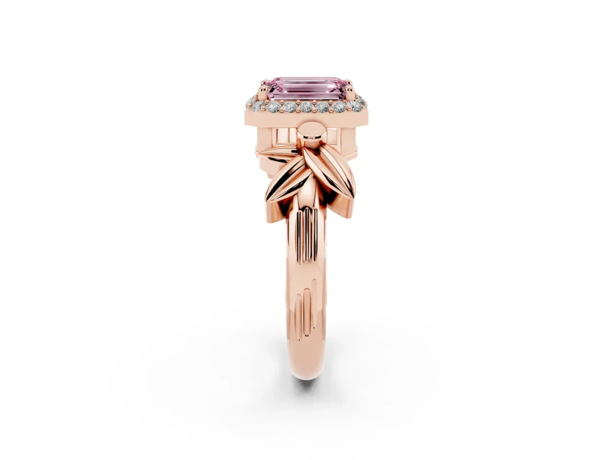 Fancy Pink Emerald Cut Halo Diamond Floral Band with Four-Prong Setting Rose gold
