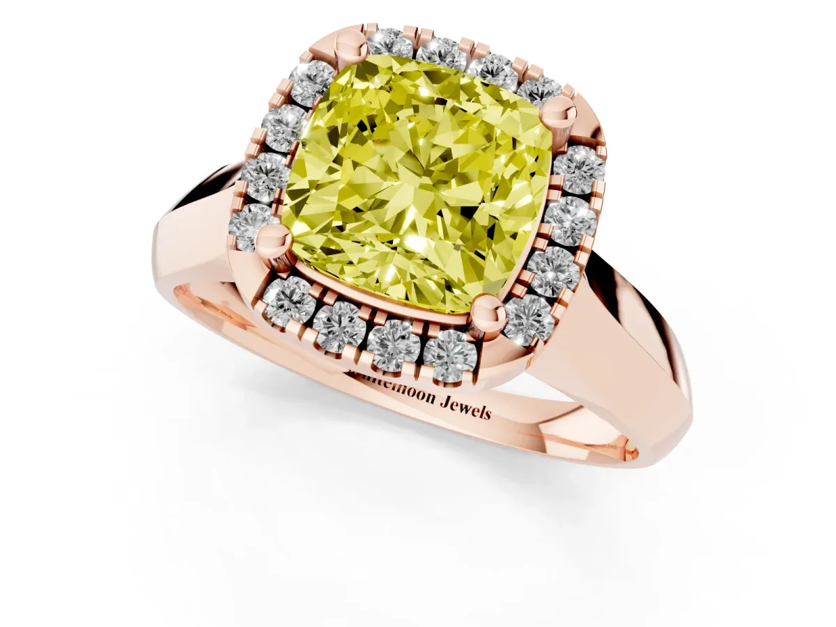 Fancy Yellow Cushion Cut Cut Halo Solitaire Engagement Ring with Square Band and Four-Prong Setting Rose gold