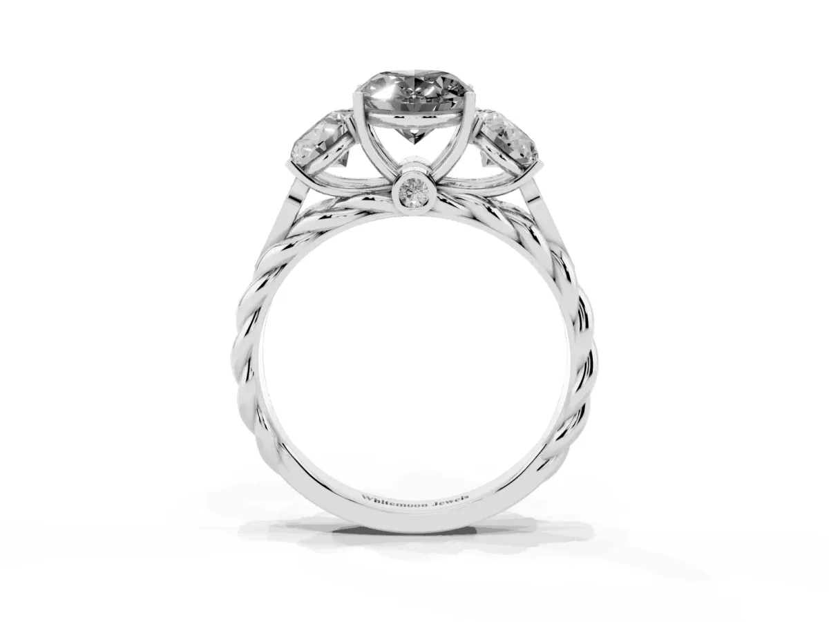 Fancy Black Three-Stone Oval Cut Diamond Braided Band Ring with Four-Prong Setting Silver