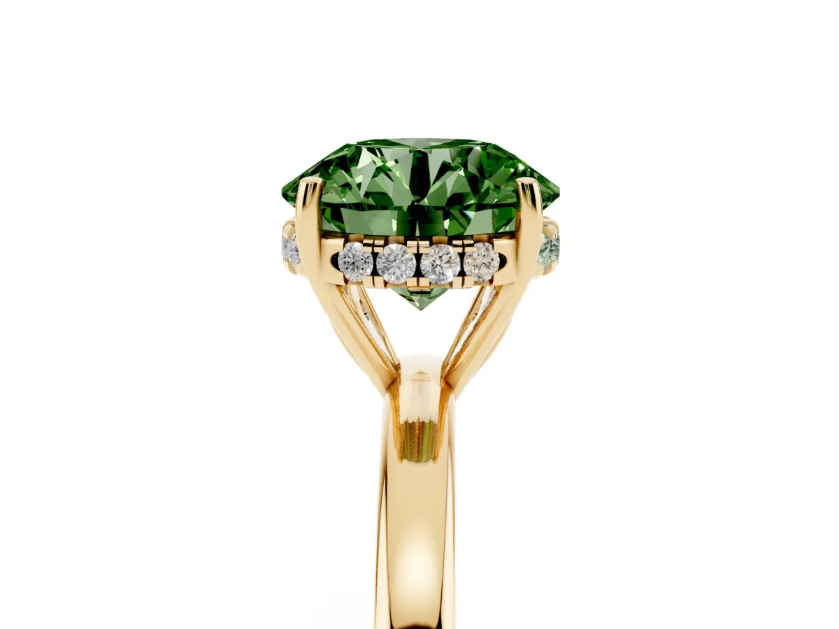 Fancy Green Round Cut Solitaire Diamond Ring with Prong Setting and Plain Band Yellow gold