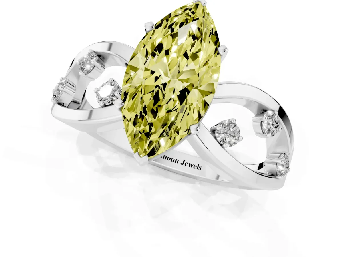 Fancy Yellow Marquise Cut Cut Solitaire Diamond with Side Stones on Criss-Cross Band and Four-Prong Setting Platinum