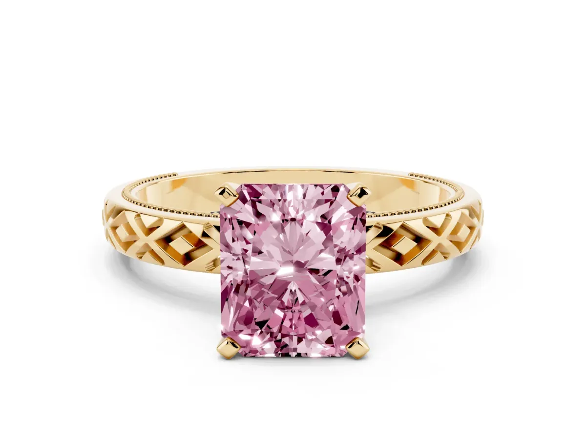 Fancy Pink Radiant Cut Solitaire Diamond Ring with Milgrain and Black Enamel X Pattern Band Yellow gold