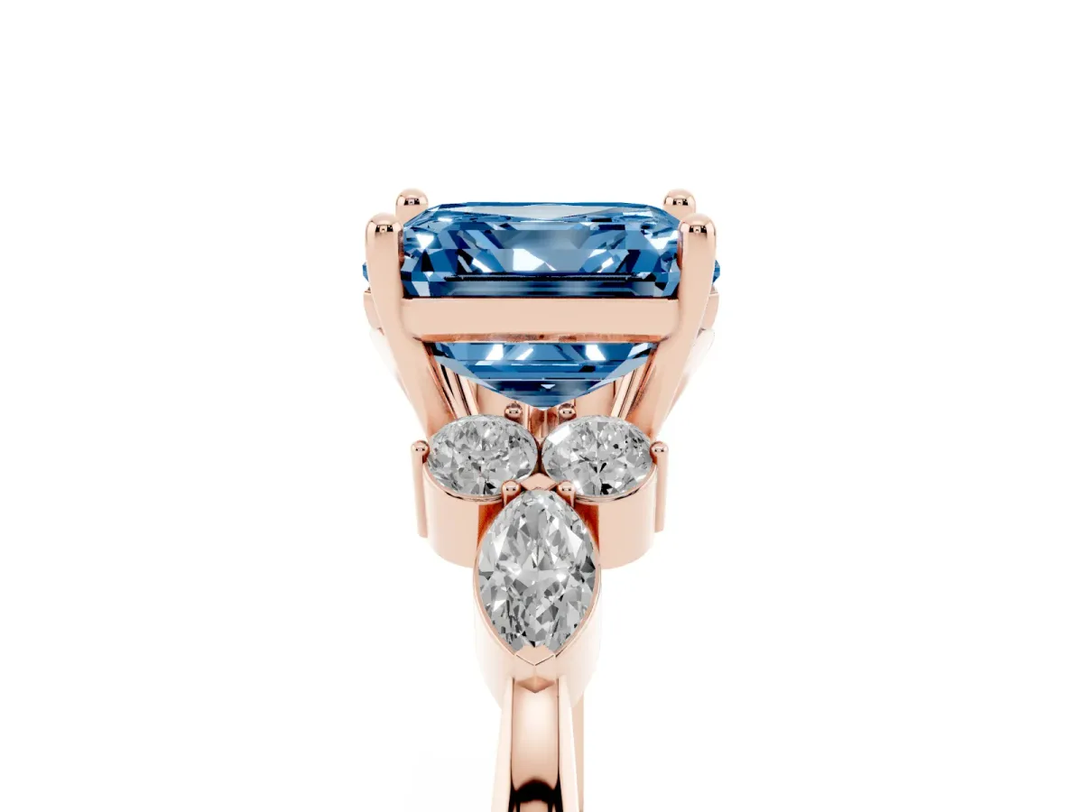 Fancy Blue Asscher Cut Brilliant Diamond Solitaire Ring with Pear Side Stones and Four-Prong Setting Rose gold