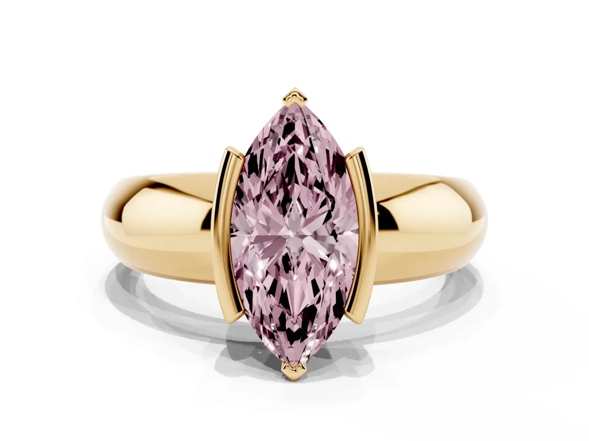 Fancy Pink Marquise Cut Solitaire Tension Set Diamond Ring with Wide Band Yellow gold