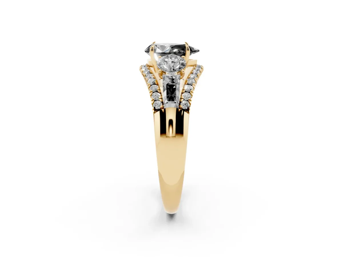 Fancy Black Three-Stone Pear Cut Diamond Engagement Ring with Pave Band and Prong Setting Yellow gold