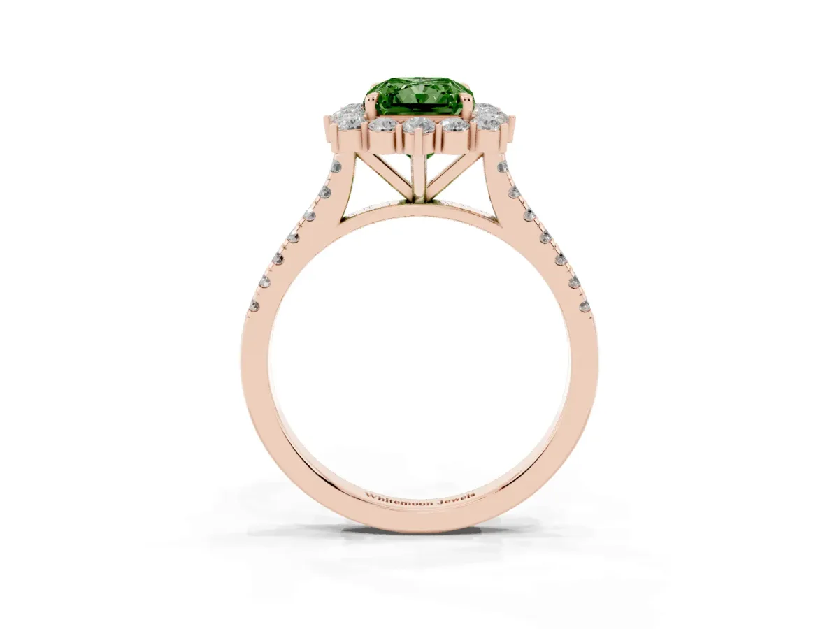 Fancy Green Radiant Cut Halo Diamond Ring with Pavé Band and Prong Setting Rose gold