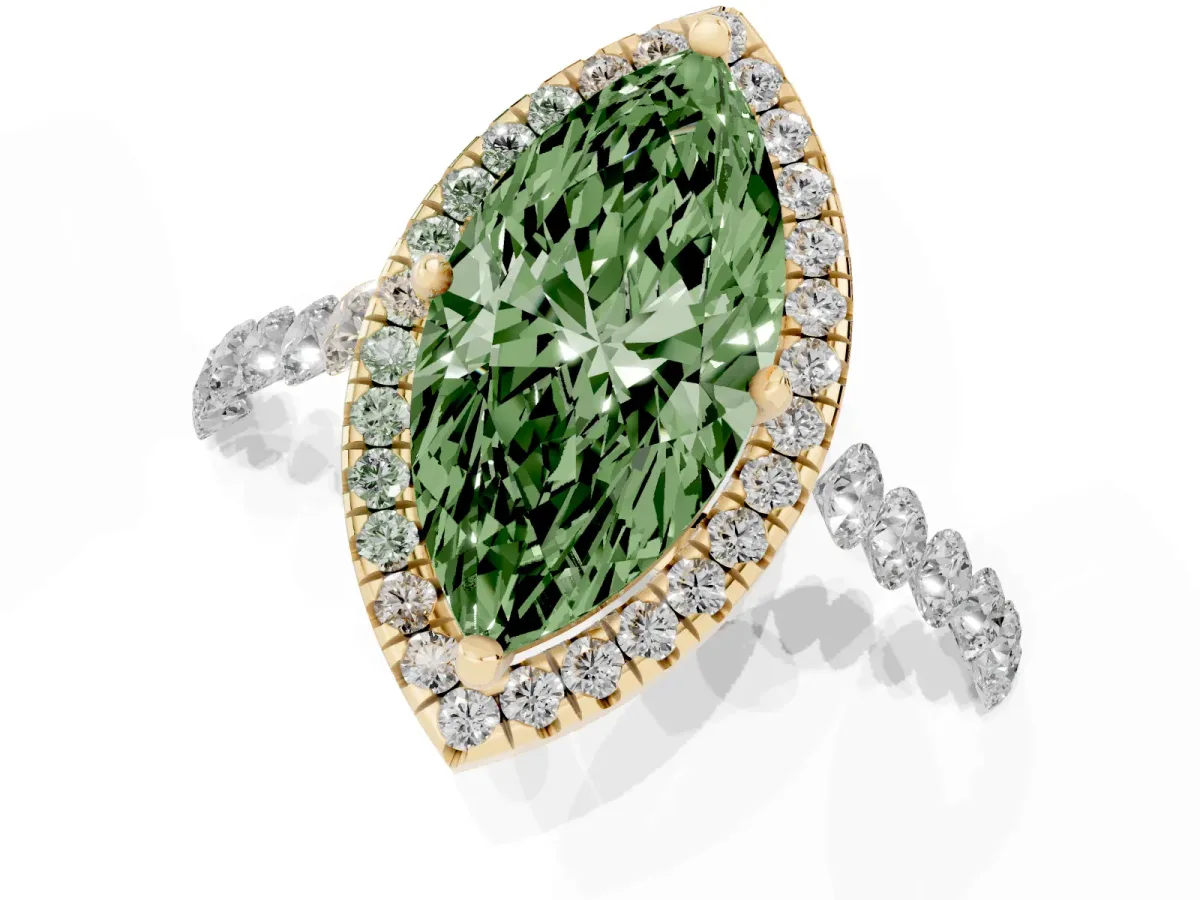 Fancy Green Marquise Cut Halo Pavé Diamond Engagement Ring with Four-Prong Setting Yellow gold
