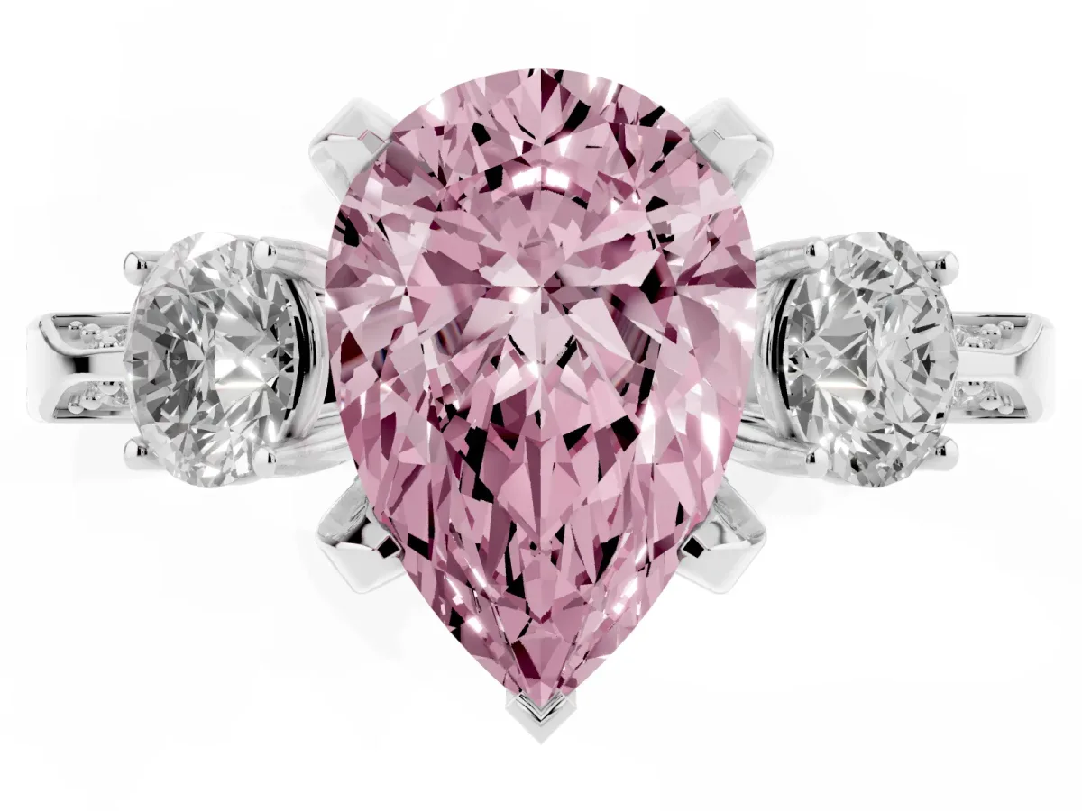 Fancy Pink Pear Cut Brilliant Three-Stone Diamond Ring with Pavé Band and Four-Prong Setting Silver